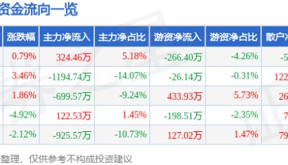 股票行情快报：安居宝（300155）11月21日主力资金净买入324.46万元