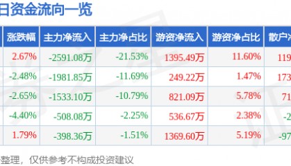 股票行情快报：东材科技（601208）11月19日主力资金净卖出2591.08万元