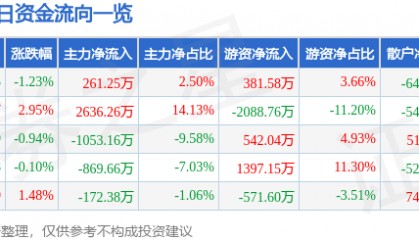 股票行情快报：涪陵电力（600452）2月13日主力资金净买入261.25万元