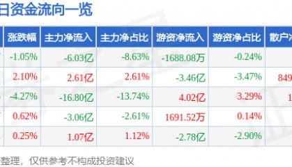 股票行情快报：东方财富（300059）2月20日主力资金净卖出6.03亿元