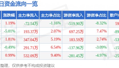 股票行情快报：恒大高新（002591）7月16日主力资金净卖出72.54万元