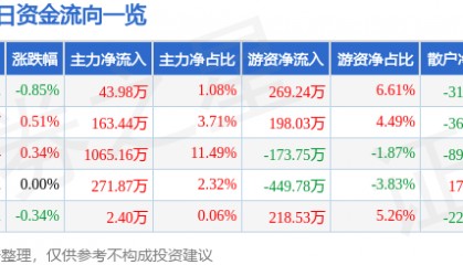 股票行情快报：泰山石油（000554）3月5日主力资金净买入43.98万元