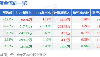 股票行情快报：安居宝（300155）1月6日主力资金净买入60.26万元