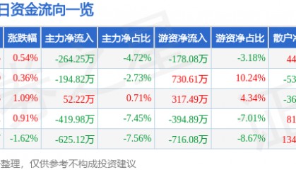 股票行情快报：恒大高新（002591）5月13日主力资金净卖出264.25万元