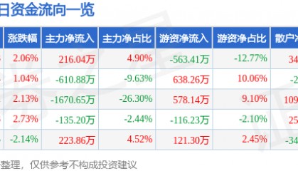 股票行情快报：丰林集团（601996）4月14日主力资金净买入216.04万元