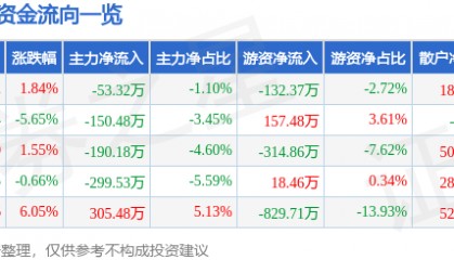 股票行情快报：安居宝（300155）1月13日主力资金净卖出53.32万元