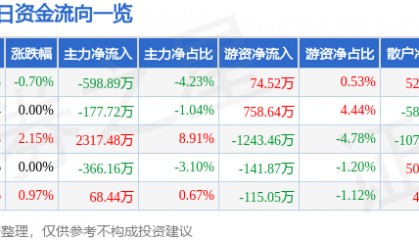 股票行情快报：东材科技（601208）12月6日主力资金净卖出598.89万元