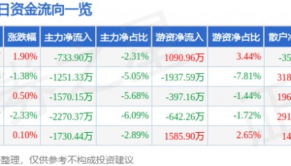股票行情快报：高盟新材（300200）5月20日主力资金净卖出733.90万元