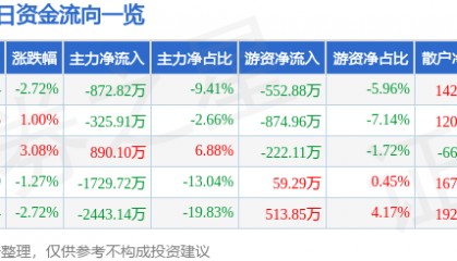 股票行情快报：保税科技（600794）12月13日主力资金净卖出872.82万元