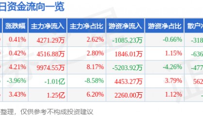股票行情快报：麦格米特（002851）5月14日主力资金净买入4271.29万元