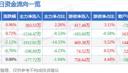 股票行情快报：东材科技（601208）12月11日主力资金净买入303.53万元