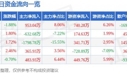 股票行情快报：长江传媒（600757）2月5日主力资金净买入953.04万元