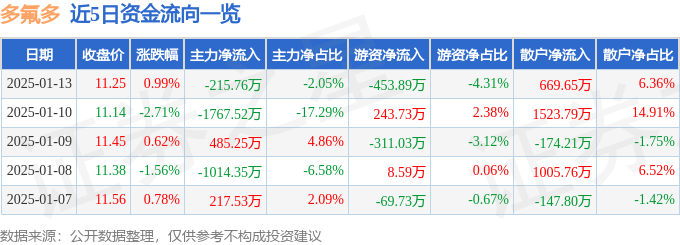 股票行情快报：多氟多（002407）1月13日主力资金净卖出215.76万元