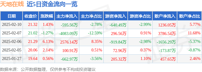 股票行情快报：天地在线（002995）2月10日主力资金净卖出595.56万元