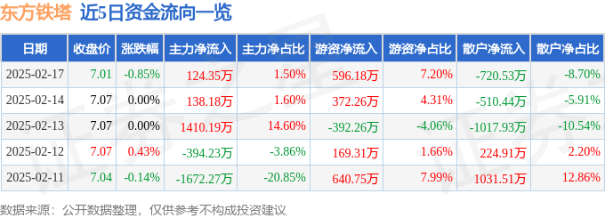 股票行情快报：东方铁塔（002545）2月17日主力资金净买入124.35万元
