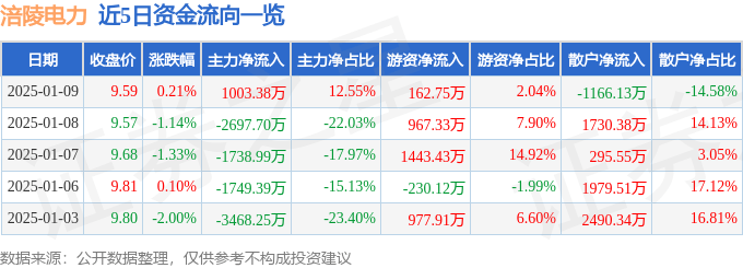 股票行情快报：涪陵电力（600452）1月9日主力资金净买入1003.38万元