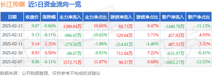 股票行情快报：长江传媒（600757）2月13日主力资金净买入1380.04万元