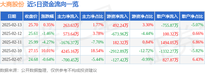 股票行情快报：大商股份（600694）2月13日主力资金净买入263.63万元
