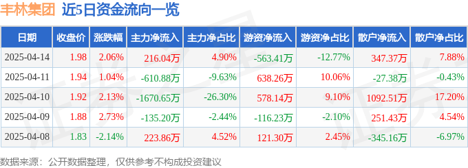 股票行情快报：丰林集团（601996）4月14日主力资金净买入216.04万元