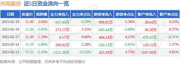 股票行情快报：光电股份（600184）2月19日主力资金净卖出937.44万元