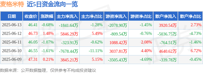 股票行情快报：麦格米特（002851）6月13日主力资金净卖出1841.64万元