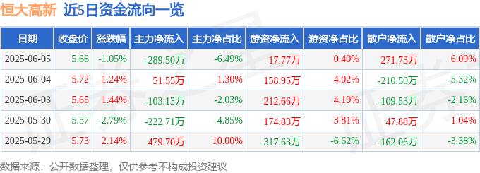 股票行情快报：恒大高新（002591）6月5日主力资金净卖出289.50万元