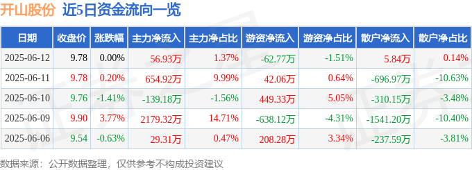 股票行情快报：开山股份（300257）6月12日主力资金净买入56.93万元
