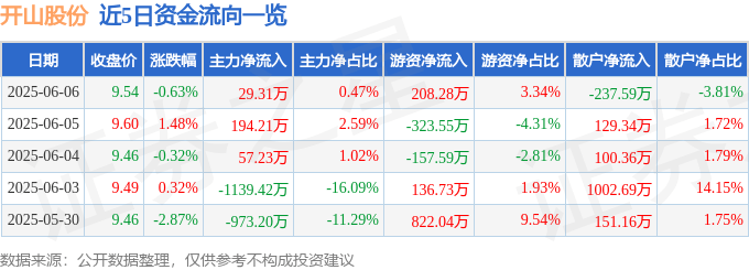 股票行情快报：开山股份（300257）6月6日主力资金净买入29.31万元