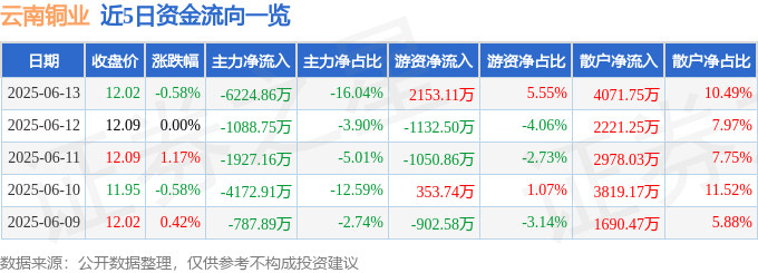 股票行情快报：云南铜业（000878）6月13日主力资金净卖出6224.86万元