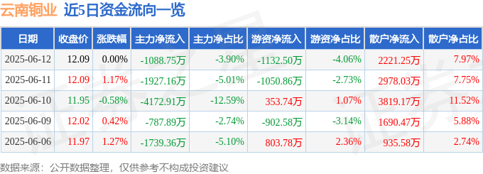 股票行情快报：云南铜业（000878）6月12日主力资金净卖出1088.75万元