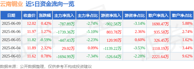 股票行情快报：云南铜业（000878）6月9日主力资金净卖出787.89万元