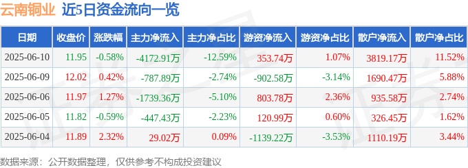 股票行情快报：云南铜业（000878）6月10日主力资金净卖出4172.91万元